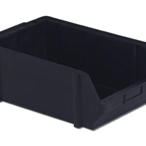 A black plastic storage bin with a partially open front, set against a white background.