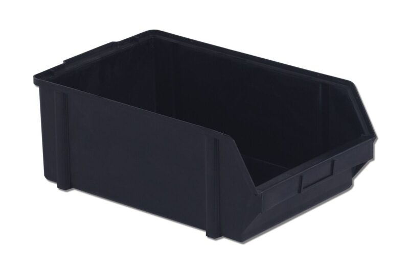 A black plastic storage bin with a partially open front, set against a white background.