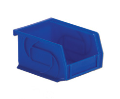 A small, blue plastic storage bin with an open front and reinforcing ridges on the sides.