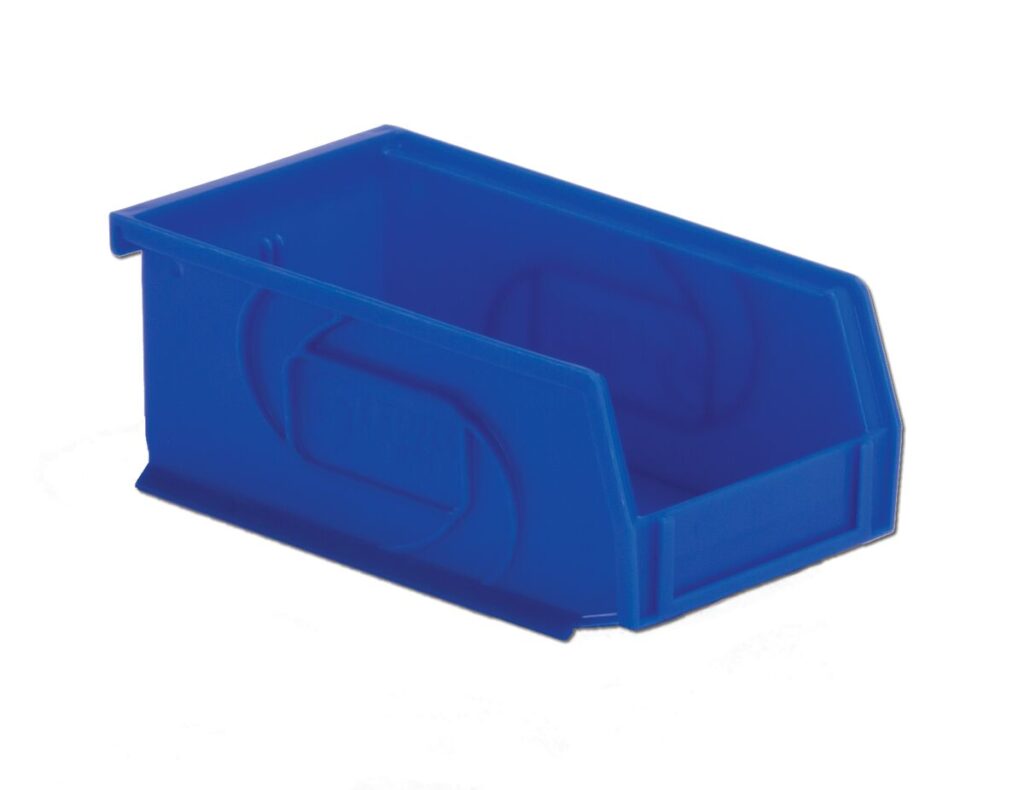 A blue plastic storage bin with an open front.