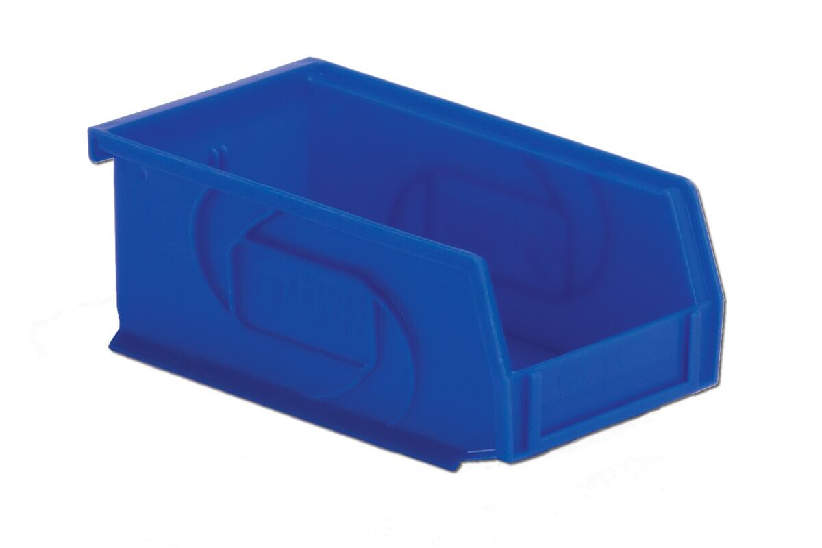 A blue plastic storage bin with an open front.