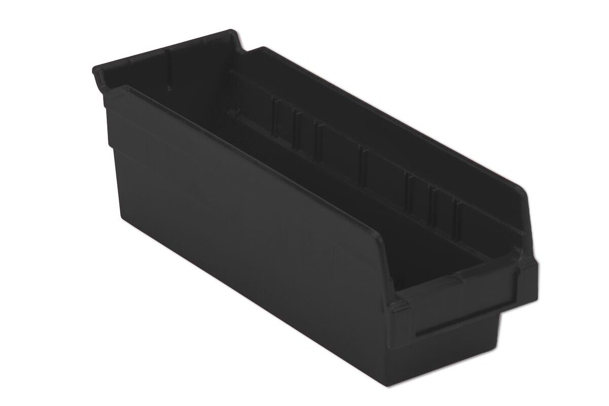 A black plastic storage bin with a rectangular shape and an open top.