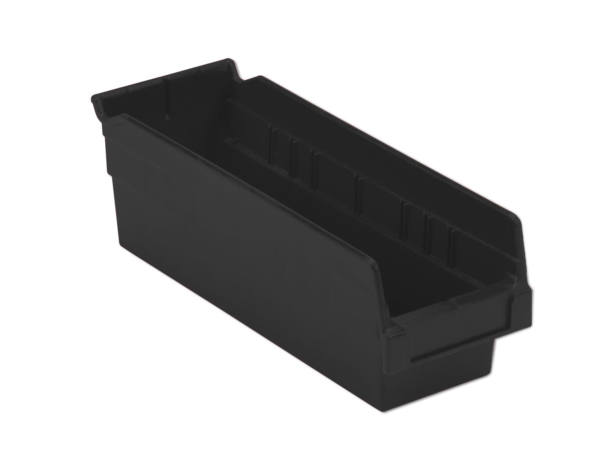 A black plastic storage bin with a rectangular shape and an open top.