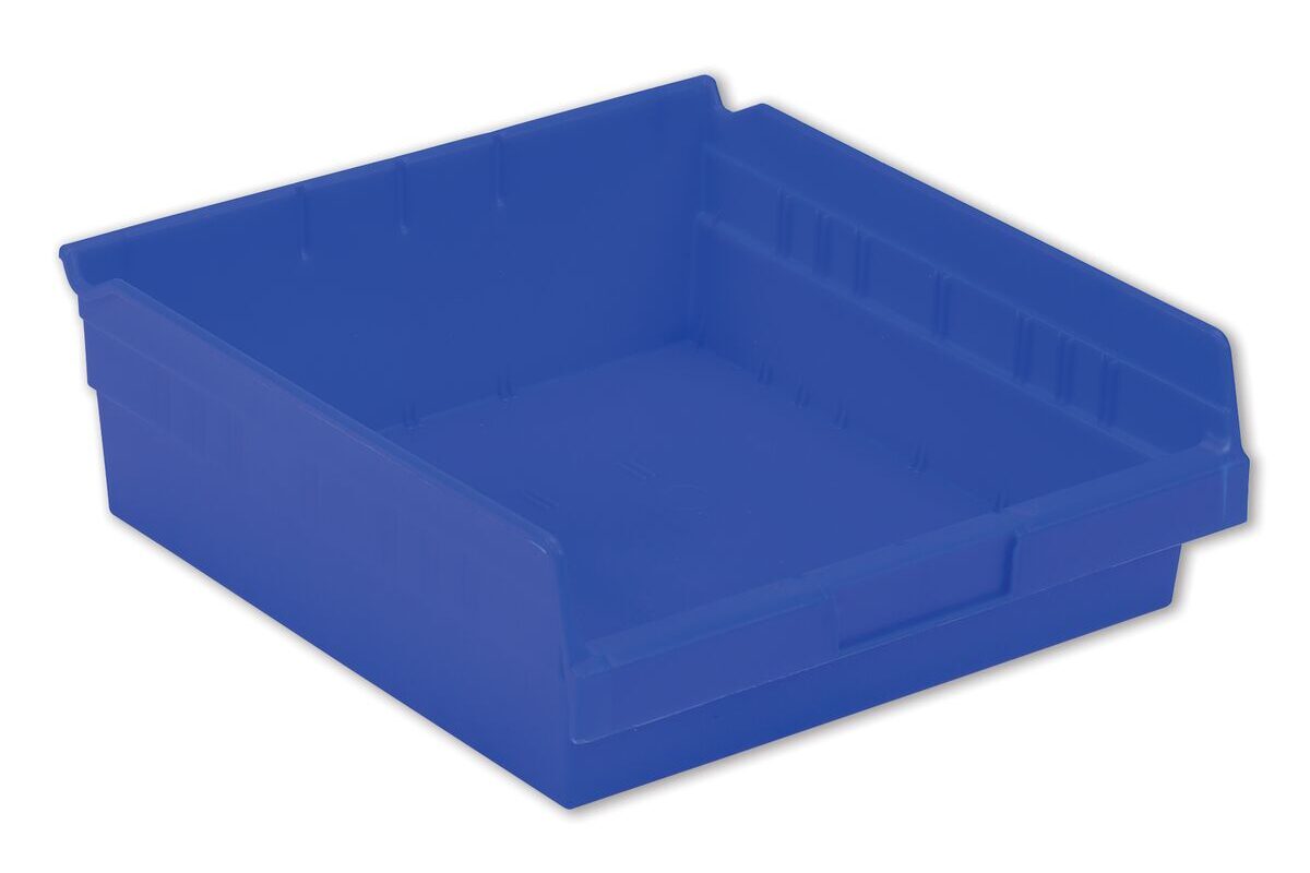 A blue plastic storage bin with an open front and solid sides, designed for organizing and holding small items.