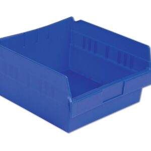 A blue plastic open storage bin with a front label holder and ribbed sides.
