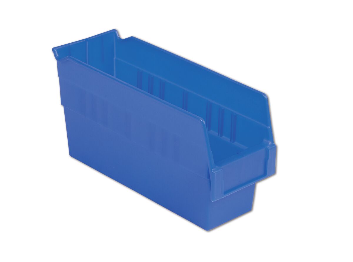 A blue plastic storage bin with an open top and a label slot on the front.