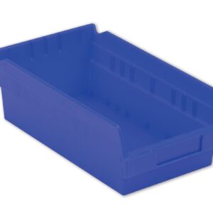 A blue plastic storage bin with a slanted open front and ridged interior details.