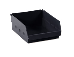 A black plastic stackable document tray with open sides and an angled front for easy access to stored papers, ideal for AUTO-DRAFT organization.