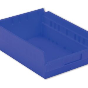A blue plastic storage bin with a rectangular shape and an open top.