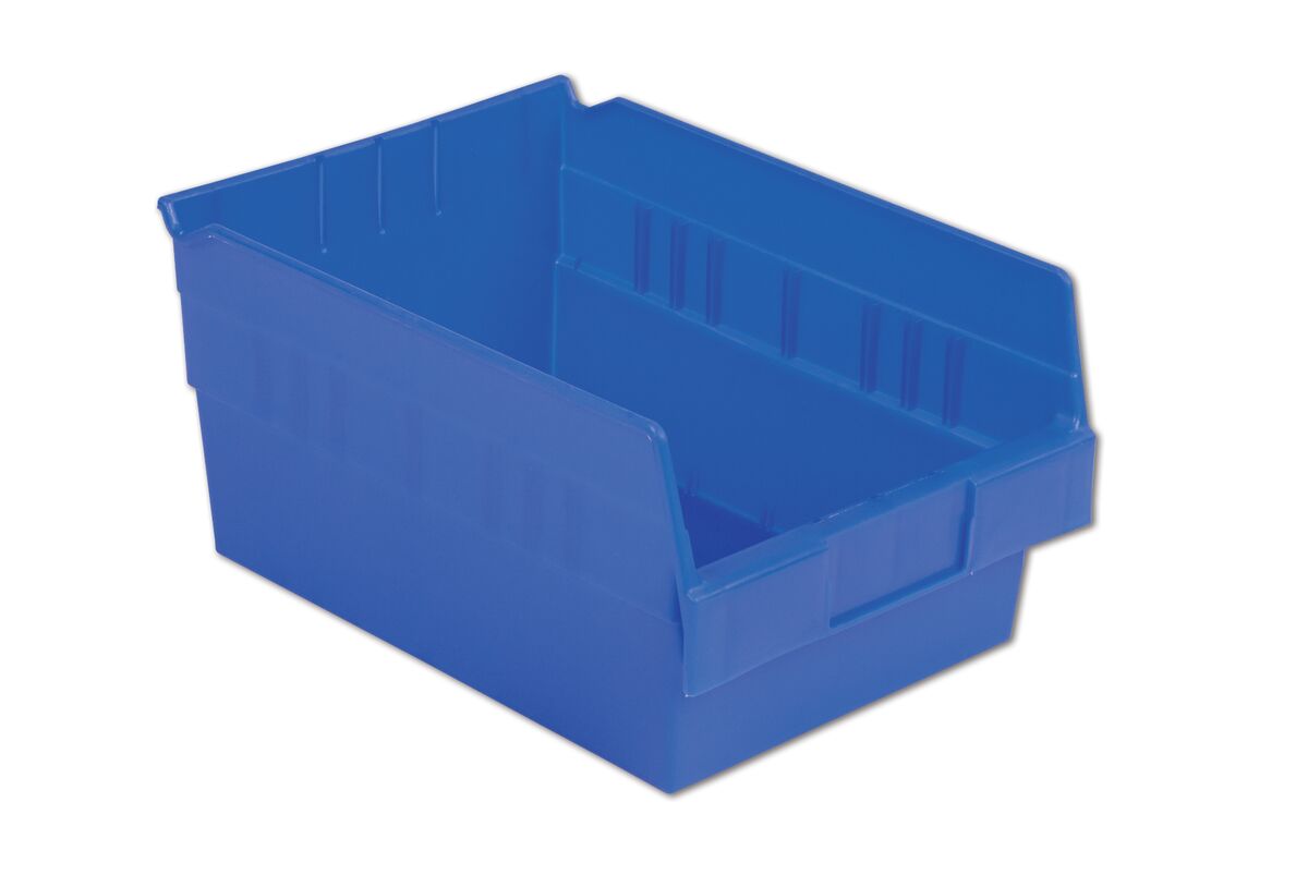 A blue plastic storage bin with an open front and ribbed inner sides, designed for organizing and storing items.