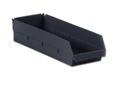 A black, rectangular plastic storage bin with slightly angled sides and an open top.