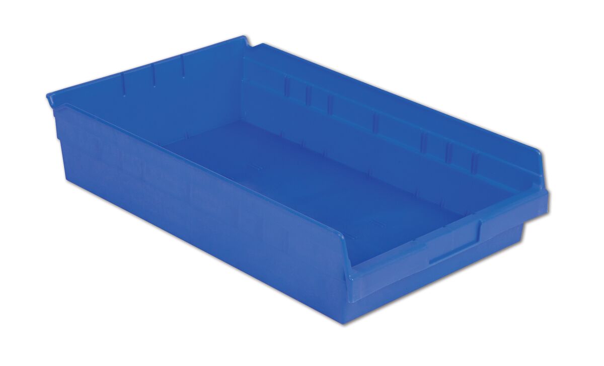 A blue, rectangular plastic storage bin with an open top and slightly raised sides.