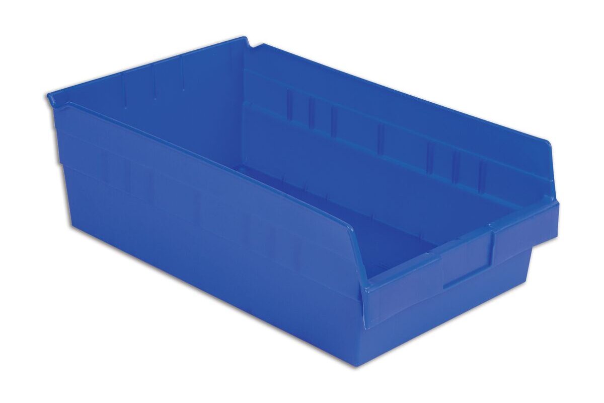 Plastic blue storage bin with an open top and shorter front side for easy access.