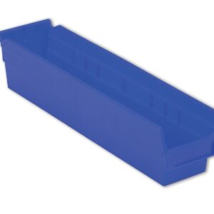 A long, rectangular, blue plastic storage bin with an open top and a slightly tapered design.