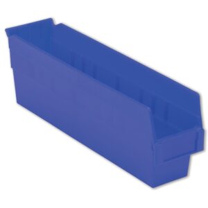 A blue plastic storage bin with a slanted open front and rectangular shape.
