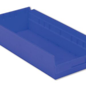 A blue plastic storage bin with an open front and shallow sides designed for organizing small items.