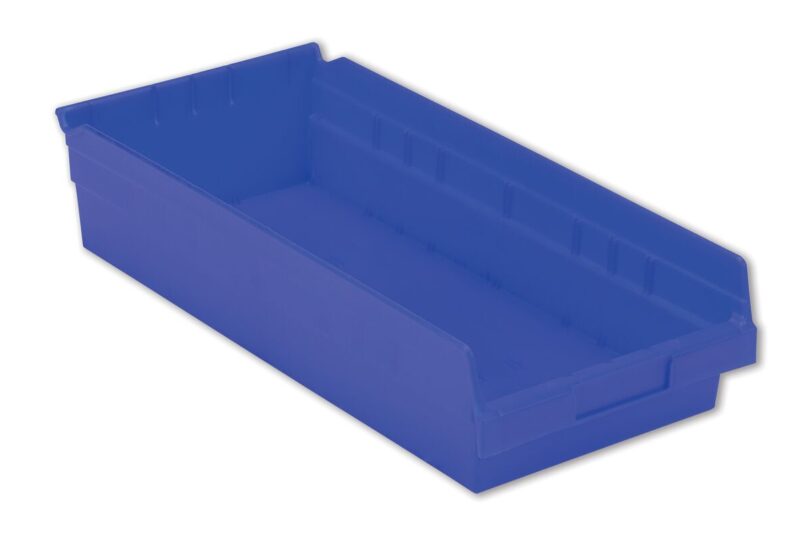 A blue plastic storage bin with an open front and shallow sides designed for organizing small items.