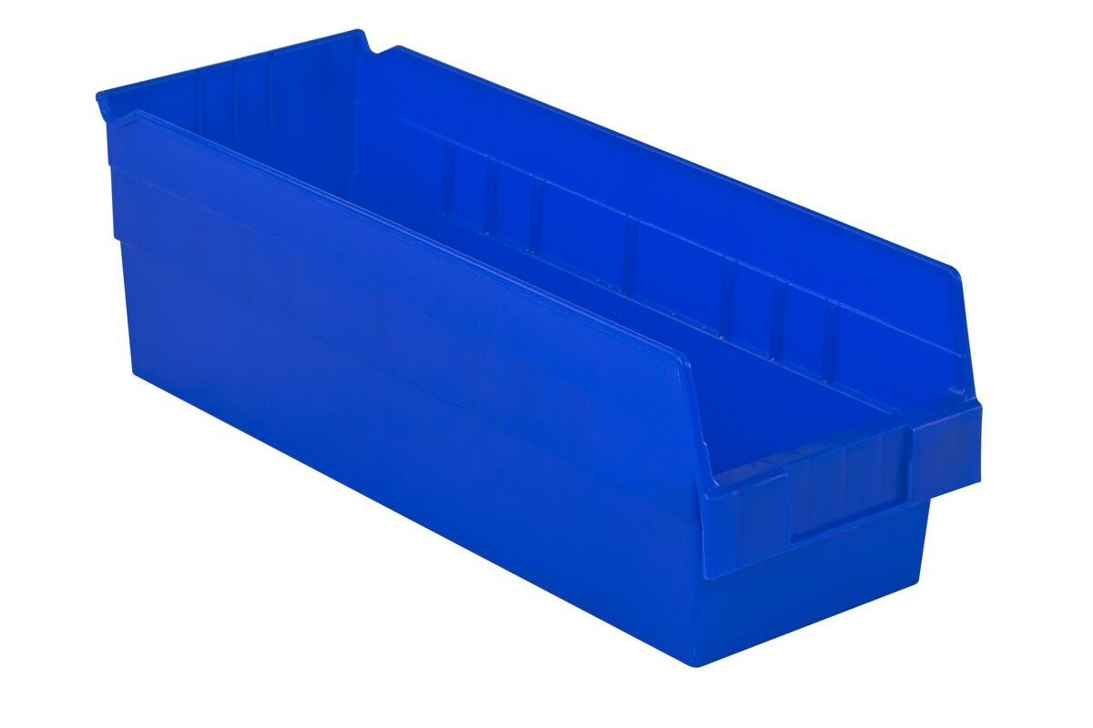 A blue plastic storage bin with a rectangular open-top design, often used for organizing small parts or tools.