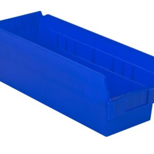 A blue plastic storage bin with a rectangular open-top design, often used for organizing small parts or tools.