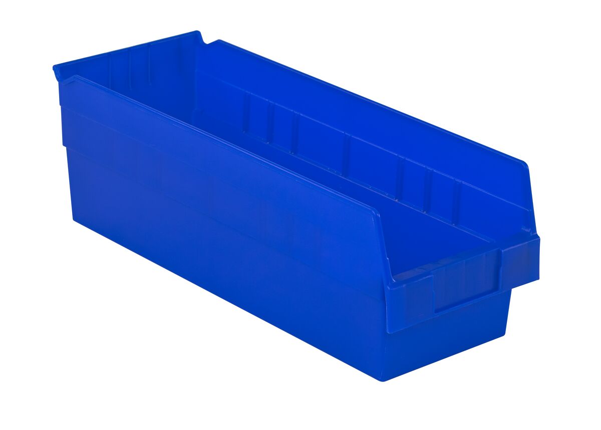 A blue plastic storage bin with a rectangular open-top design, often used for organizing small parts or tools.