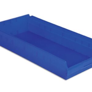 A blue plastic storage bin with a rectangular shape and open front.