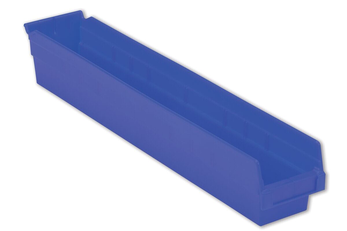 A long, narrow, blue plastic storage bin with a flat base and open top.