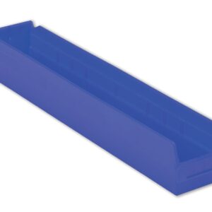 A long, narrow, blue plastic storage bin with a flat base and open top.