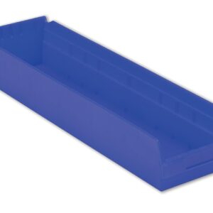 A long, rectangular blue plastic storage bin with an open top and narrow width.