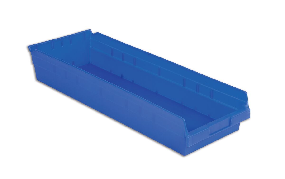 A blue plastic storage bin with a wide rectangular shape and an open front.