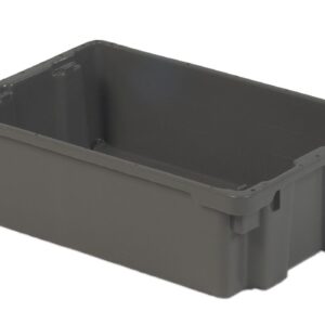 A large, empty, rectangular gray plastic storage bin on a white background.