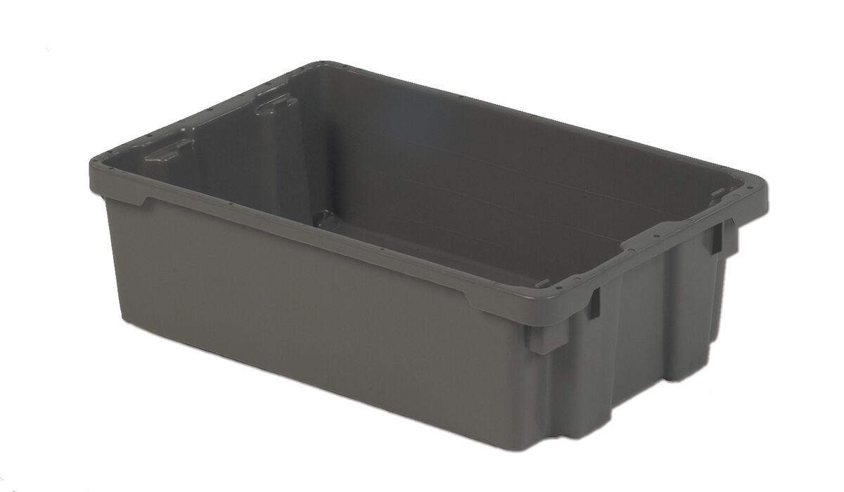 A large, empty, rectangular gray plastic storage bin on a white background.