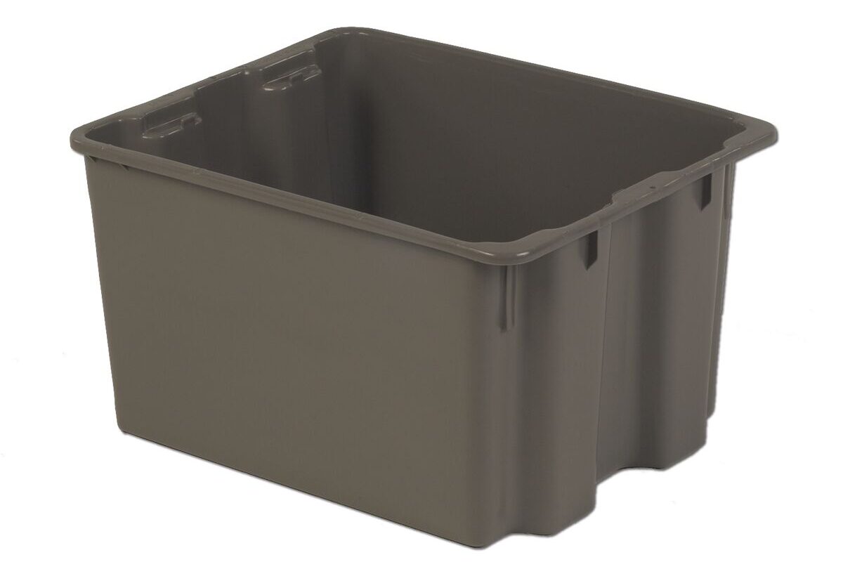 A large, grey rectangular plastic storage bin with reinforced corners and handles on the sides.