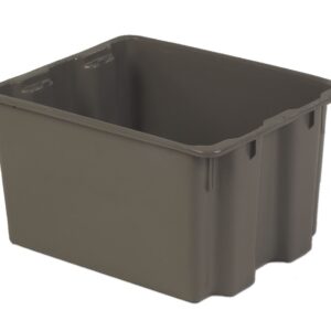 A large, grey rectangular plastic storage bin with reinforced corners and handles on the sides.