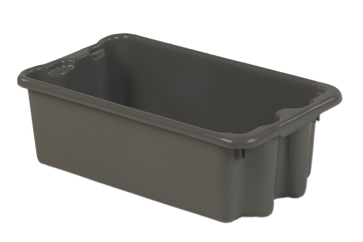 A rectangular, dark gray plastic storage bin with reinforced edges and corners, placed against a white background.