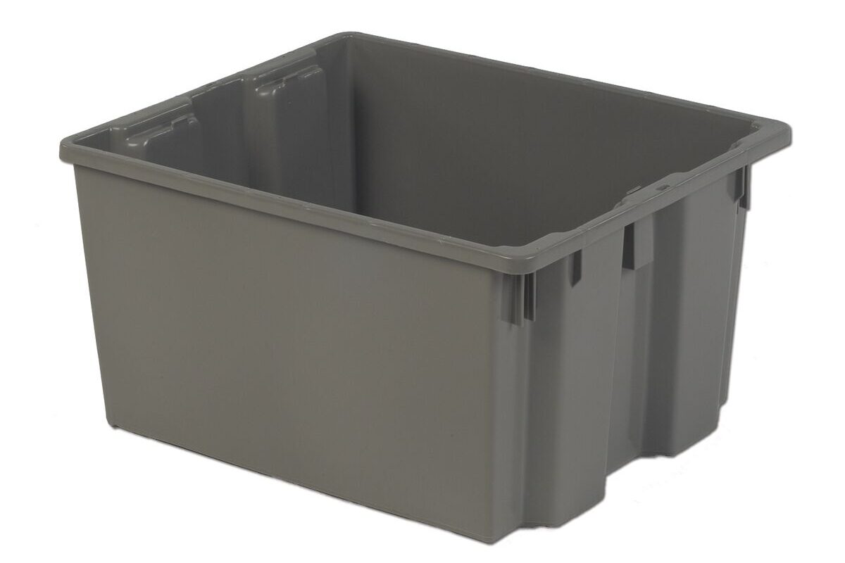 A large, rectangular gray plastic storage bin with reinforced corners and a smooth interior.