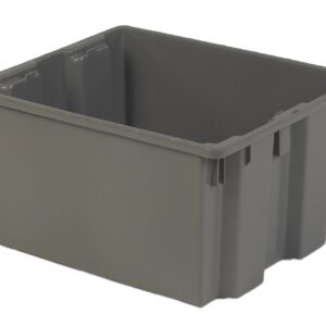 A large, rectangular gray plastic storage bin with reinforced corners and a smooth interior.