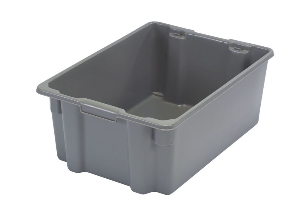 A gray plastic storage bin with reinforced edges and slightly tapered sides.