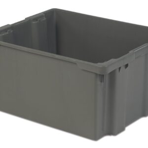 A large, empty, rectangular gray plastic storage bin with reinforced edges and handles on the sides.