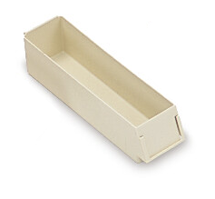 A rectangular beige plastic storage bin with an open top and tapered sides.