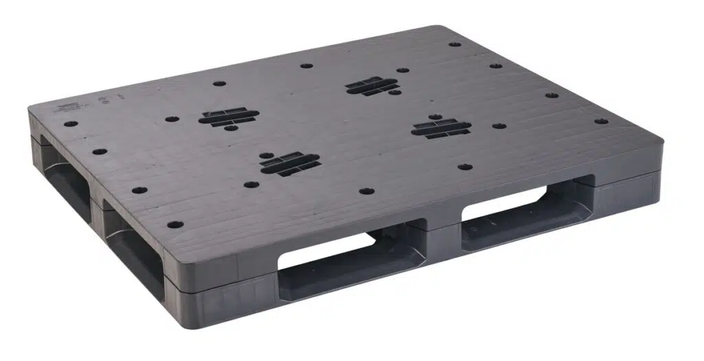 This black plastic pallet serves as an industry template with its flat, rectangular top and open sides for easy forklift access.