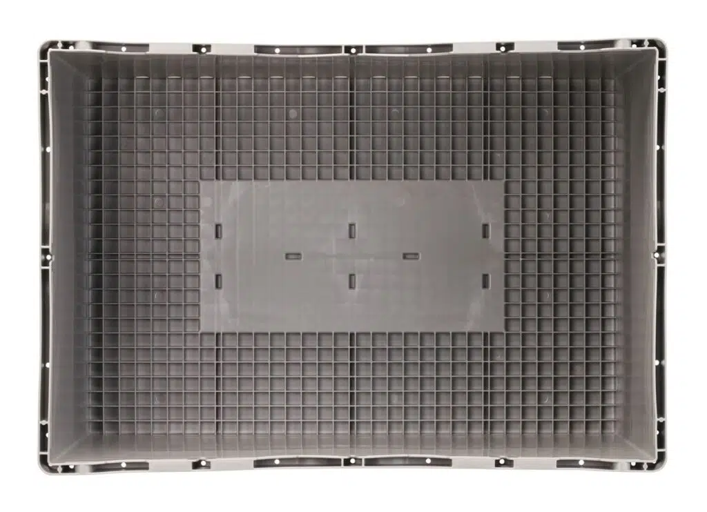 A gray rectangular tote, reminiscent of a grid-like design, is revealed from above.
