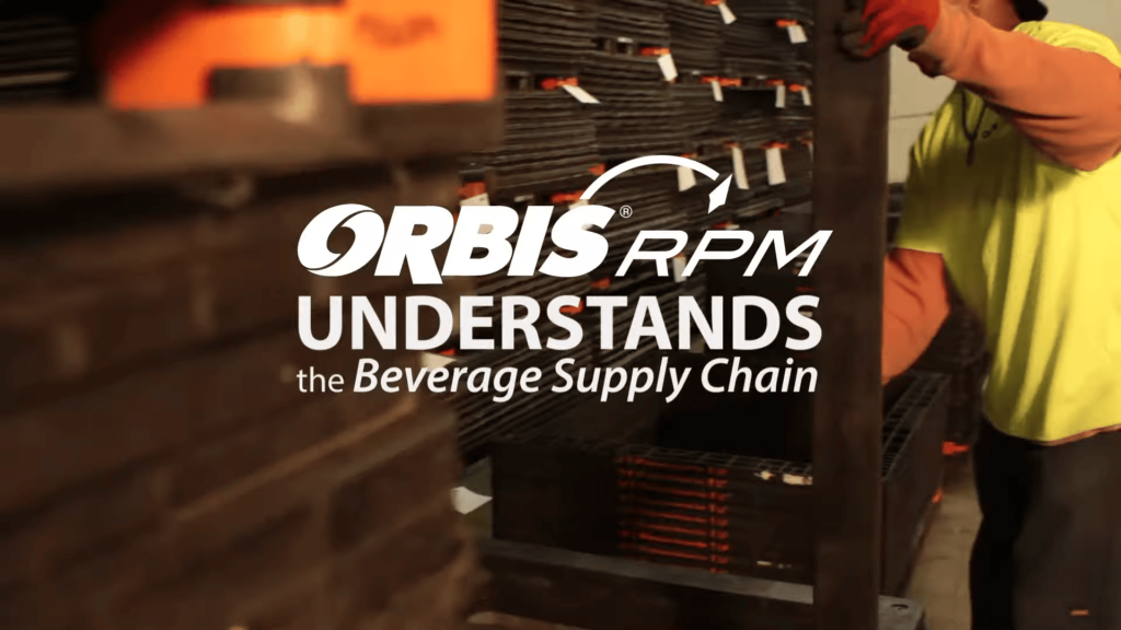 Stacks of pallets in a warehouse with text overlay: "ORBIS RPM Understands the Food and Beverage Supply Chain.