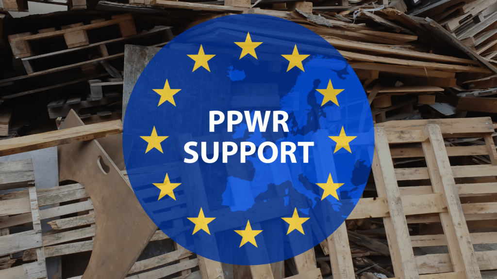 European Union emblem prominently displayed with "PPWR SUPPORT" text, set against a backdrop of wooden pallets and scattered debris.