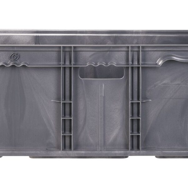The NXO4815-11 is a large gray plastic storage bin with reinforced sides, rectangular slots, and a single handle, displayed against a white background.