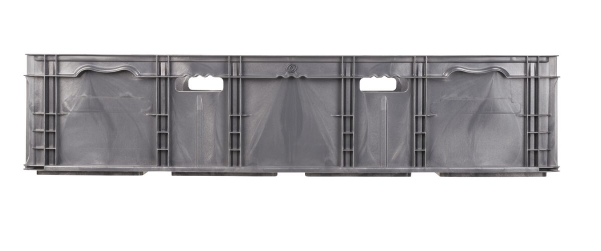 The NXO4815-11 is a large, gray, rectangular plastic storage bin with handles and reinforced sides, shown from the front against a white background.
