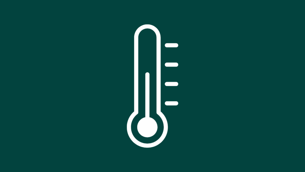 White thermometer icon on dark green background.