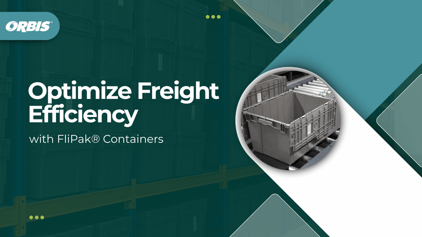 Graphic showing gray FliPak Containers on a conveyor, with the text "Optimize Freight Efficiency with FliPak Containers for Distribution Applications.
