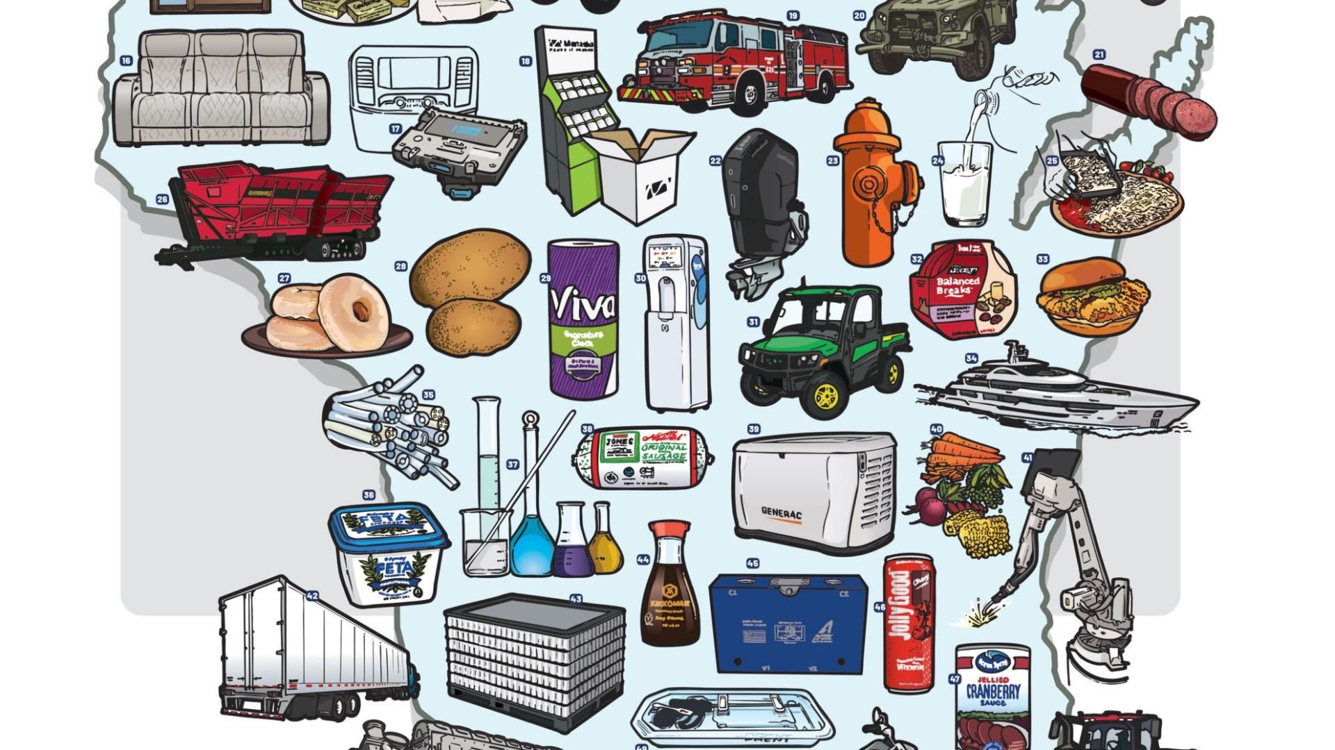 Illustration showing various products and objects, such as a fire truck, sofa, potatoes, lab equipment, and vehicles—including Made in Wisconsin items—arranged geographically across a map of the United States.