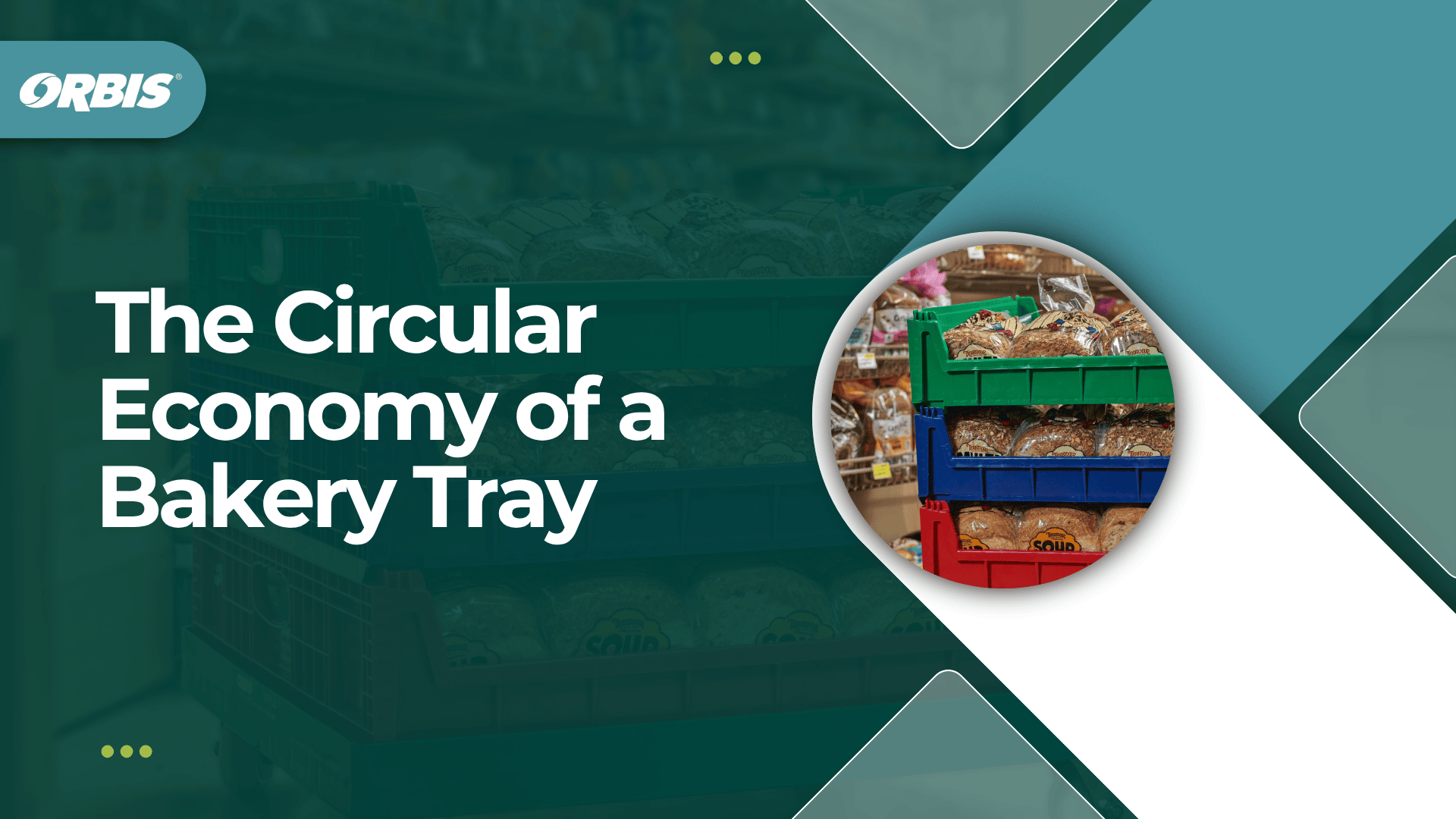 Stacks of colorful plastic bakery trays filled with bread products in a grocery store, illustrating the concept of a circular economy for bakery trays.