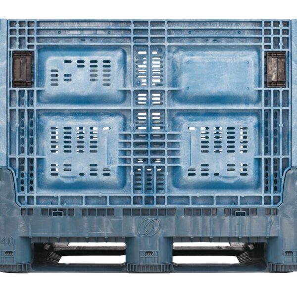 The AG4048-32 is a large blue industrial plastic pallet crate with ventilation holes and reinforced corners, shown front-facing on a white background.